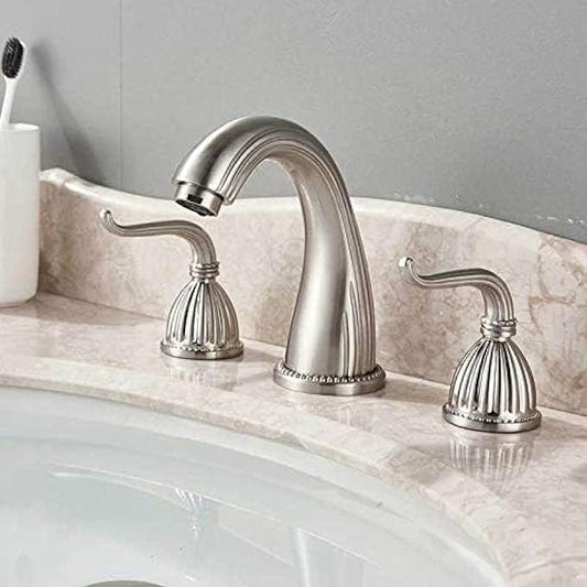 Basin Faucet Deck Mounted Bathroom Mixer Crane Dual Handle 3 Hole Cold and Hot Washing Tap-Antique Brass,Gold(Brushed Nickel)