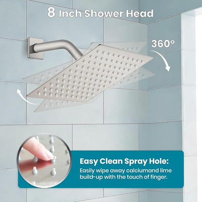 gotonovo Bathtub Shower Faucet Set, 8 Inch Shower Head, Brushed Nickel | Wall Mounted Shower System with Tub Spout for Bathroom, Square High Pressure Rain Shower head with Handheld Spray, All Metal
