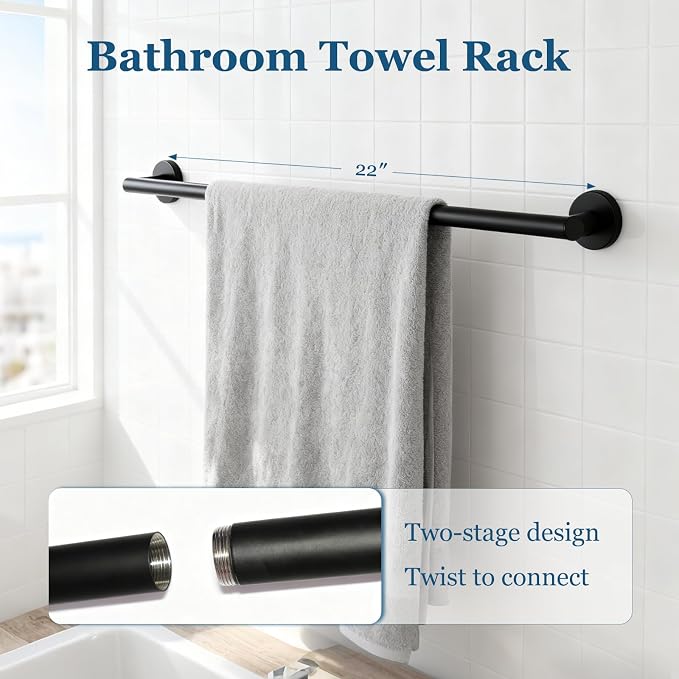 4-Pieces Wall Mount Bathroom Hardware Set,23.6 Inch Towel Bar,Matte Black | Stainless Steel Bathroom Accessories Set,Waterproof Towel Bar ,Toilet Paper Holder with Shelf,Towel Ring,Coat Hook,Rectangle