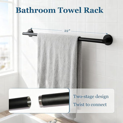 4-Pieces Wall Mount Bathroom Hardware Set,23.6 Inch Towel Bar,Matte Black | Stainless Steel Bathroom Accessories Set,Waterproof Towel Bar ,Toilet Paper Holder with Shelf,Towel Ring,Coat Hook,Rectangle