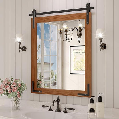 Farmhouse Mirror for Wall, 22x30 Inch Brown Wood Framed Rectangle Bathroom Vanity Mirror, Barn Door Style Mirrors Decor Mirror for Living Room Bedroom Entryway