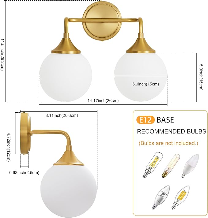 Brushed Gold Bathroom Light Fixtures Over Mirror Vanity 2-Light | Mid Century Modern Brushed Gold Wall Sconce with Milky White Glass Ball Shades for for Bathroom Dressing Table Bedroom