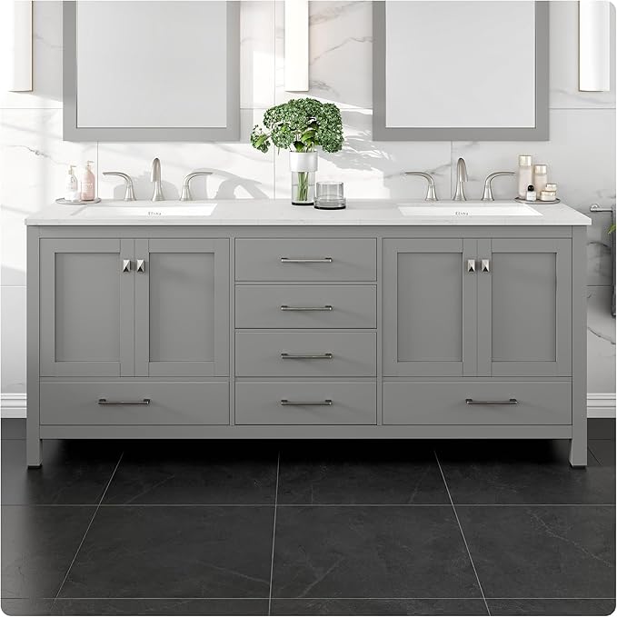 Eviva Aberdeen 78 inch Gray Transitional Double Sink Bathroom Vanity with White Carrara Quartz Countertop and Undermount Porcelain Sinks
