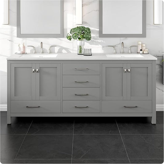 Eviva Aberdeen 78 inch Gray Transitional Double Sink Bathroom Vanity with White Carrara Quartz Countertop and Undermount Porcelain Sinks