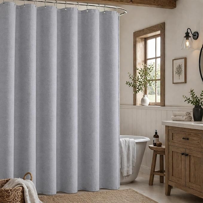 Light Grey Linen Shower Curtain Farmhouse Bathroom Decor 72x72 In | Boho Bathroom Decor,12 Sturdy Stainless Steel Sliding Hangers,Rustic Country Style,Linen Shower Curtains for Bathroom