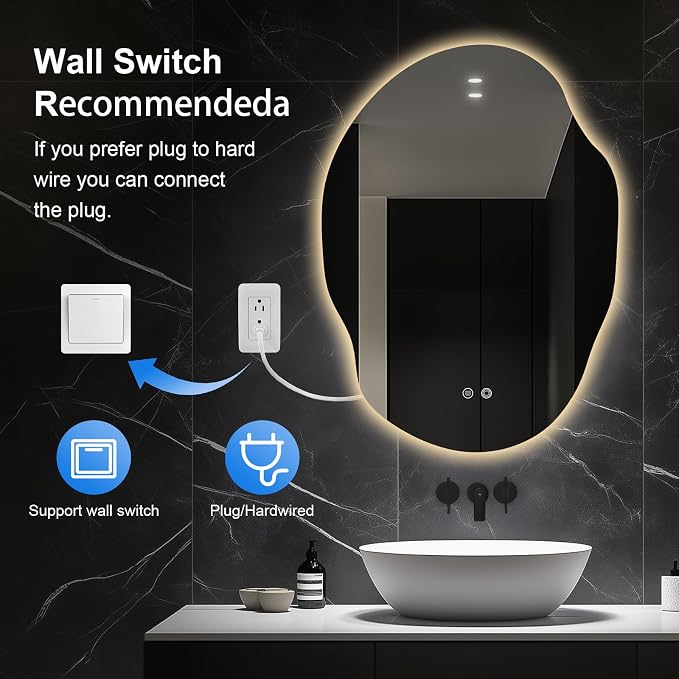 Asymmetrical LED Bathroom Mirror with Lights,Irregular Led Bathroom Vanity Mirror for Wall with Backlit, Anti Fog, 3 Colors and Dimmable Light,[Horizontal/Vertical] 40" H x 30" W