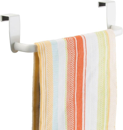 mDesign Steel Metal Wire Over Cabinet Towel Rack Storage Organizer - Hang on Cabinet or Door - Towel Bar Holder for Kitchen - Holds Hand Towels, Washcloths - Spira Collection - White