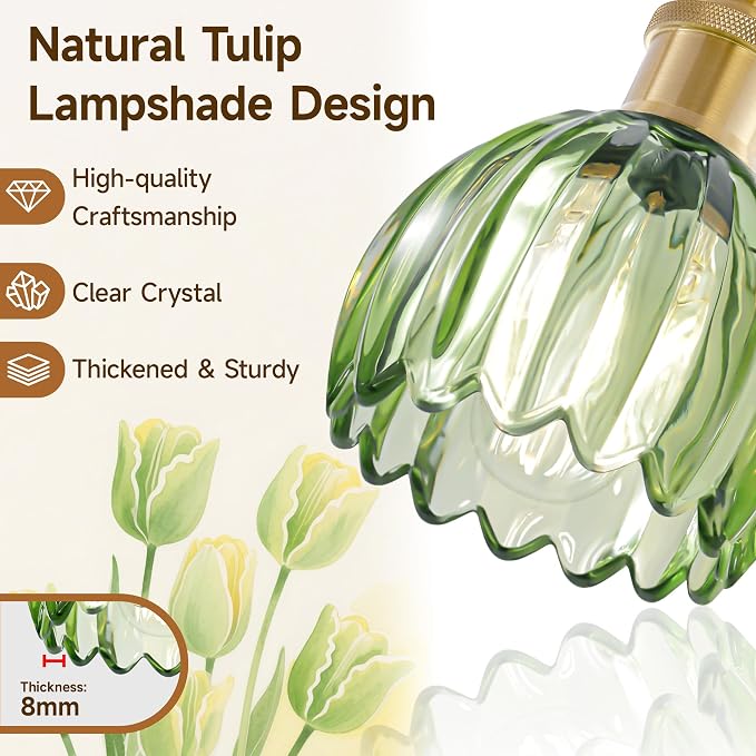Bathroom Lights Over Mirror,2-Light Vintage Vanity Light Fixtures,Retro Brass Bathroom Light, Flower Wall Sconce With Green Tulip Glass Shade For Bedroom, Living Room, Dressing Table, E26 Base