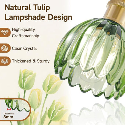 Bathroom Lights Over Mirror,2-Light Vintage Vanity Light Fixtures,Retro Brass Bathroom Light, Flower Wall Sconce With Green Tulip Glass Shade For Bedroom, Living Room, Dressing Table, E26 Base