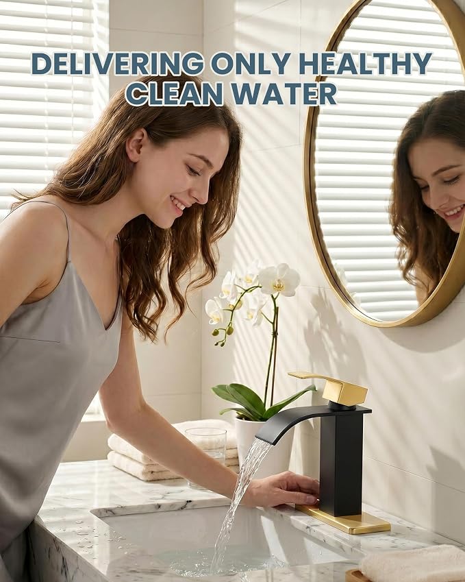 Black and Gold Bathroom Faucet, ARCORA Waterfall Faucet for Bathroom Sink Single Handle Mixer Tap Lavatory Vanity Faucet with Deck Plate and Pop Up Drain, 1 or 3 Hole
