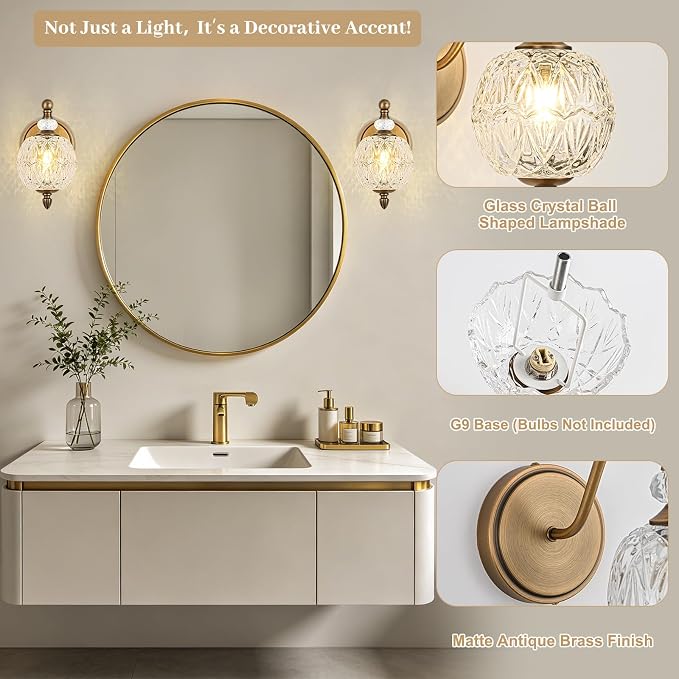 1 Piece Vintage Wall Sconce, 1-Light Mid Century Matte Antique Brass Finish Wall Sconce with Globe Glass Shade, Retro Light for Bathroom, Bedroom, Living Room,Powder Room