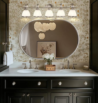 Bathroom Lighting Fixtures, 5-Light Brushed Nickel Vanity Light with Milky Glass Shade, 35" Large Vanity Lights for Bathroom, E26 Socket, for Mirror, Living Room, Bedroom, Hallway