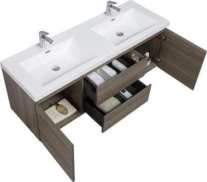 60 Inch Floating Bathroom Vanity with Double Sink, Large Storage Wall Mounted Floating Vanity with Soft Close Drawers, One-Piece Basin Bathroom Sink Cabinet (Ash Grey, 60 Inch Double Sink)