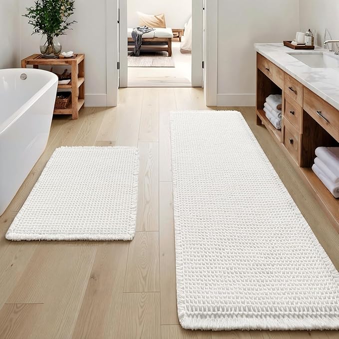 MIULEE Set of 2 Waffle Bathroom Rugs Boho Bath Mat White 17"x24"+20"x47" | Non Slip, Super Absorbent, Washable, Ultra Soft, Rubber Backed, Small Bath Rug and Bathroom Runner for Floor Tub Shower