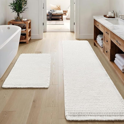 MIULEE Set of 2 Waffle Bathroom Rugs Boho Bath Mat White 17"x24"+20"x47" | Non Slip, Super Absorbent, Washable, Ultra Soft, Rubber Backed, Small Bath Rug and Bathroom Runner for Floor Tub Shower