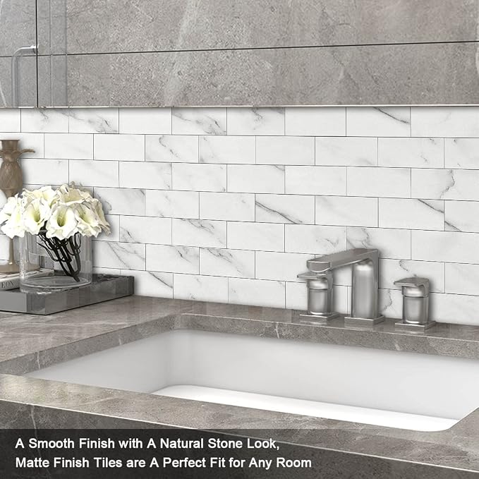 BeNice Marble Peel Stick Backsplash Tile Kitchen Fishbelly White 10pcs