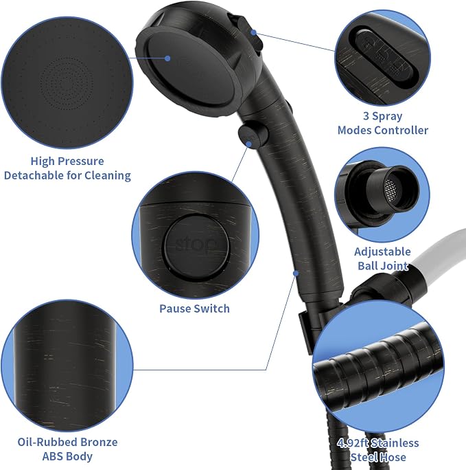 SINGSUO High Pressure Handheld Shower Head,On Off Switch(Oil Rubbed Bronze) | , Detachable Shower Head, 3 Spray Modes Shower Massager Handheld with Hose and Adjustable Angle Bracket
