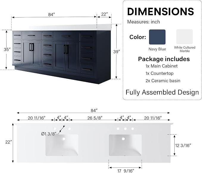 84-Inch Bathroom Vanity with Double Sinks W/ 4 Doors & 12 Drawers & 2 Flip Drawers, Navy Blue Vanity W/Matte Black Handles