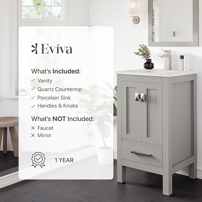 Eviva London 20 Inch Bathroom Vanity with Sink - Grey Vanity Bathroom, Porcelain Sink and Quartz Countertop, Freestanding 20 Vanity with Sink Combo, Ideal Bathroom Vanities for Home Decor