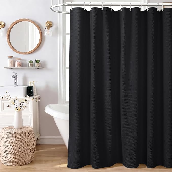 Stall Waffle Shower Curtain 256 GSM Heavy Fabric 60x84 Black | 60 x 84 Inch Long, Thick Cloth, Weighted Hem, Water Repellent, Hotel Luxury Polyester Shower Curtain Set for Bathroom 10 Hook