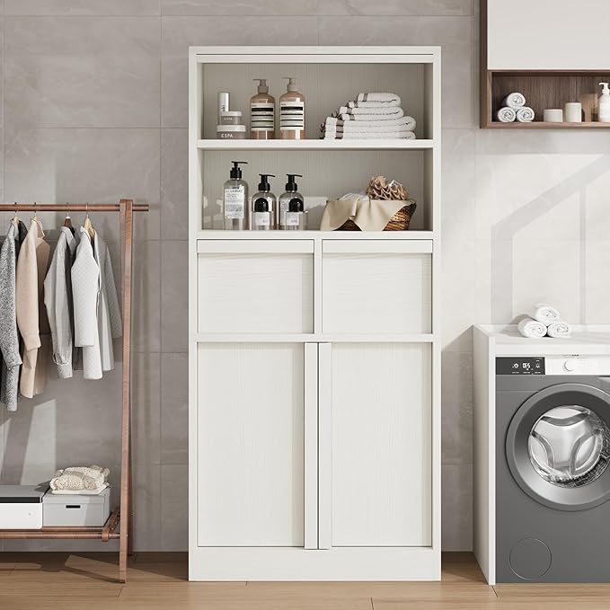 GAOMON 51" Tall Bathroom Storage Cabinet, Floor Cabinet with Doors & 2 Drawers, Organizer Cabinet Freestanding for Bathroom, Living Room, Kitchen & Pantry, White