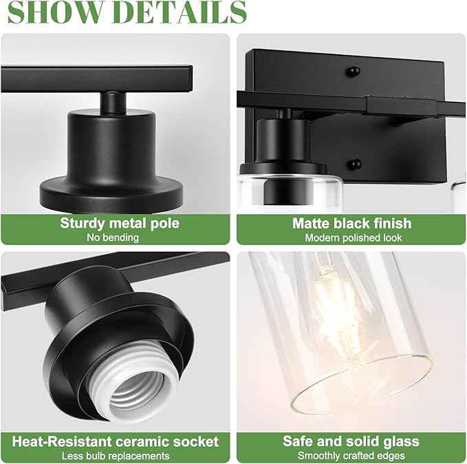 5-Light Bathroom Light Fixtures, Vanity Light with Clear Glass Shades, Matte Black Bathroom Light Fixtures Over Mirror, Modern Bathroom Wall Lamp for Mirror Living Room Cabinet Bedroom