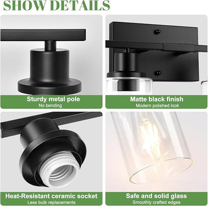 5-Light Bathroom Light Fixtures, Vanity Light with Clear Glass Shades, Matte Black Bathroom Light Fixtures Over Mirror, Modern Bathroom Wall Lamp for Mirror Living Room Cabinet Bedroom