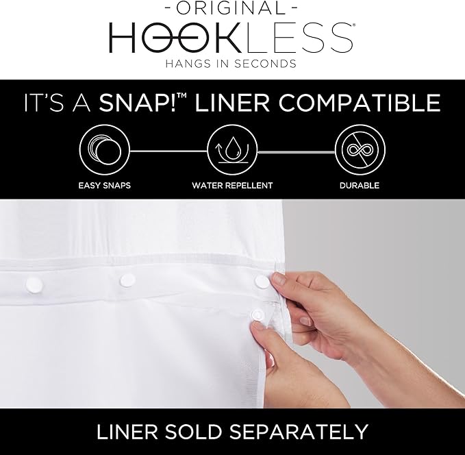Hookless It’s A Snap! Waffle Stripe Shower Curtain, 2-in-1 Shower Curtain Includes Fabric Shower Curtain with Sheer Top Window and Flex-On Rings, Liner Compatible, 71” x 74”, Light Grey