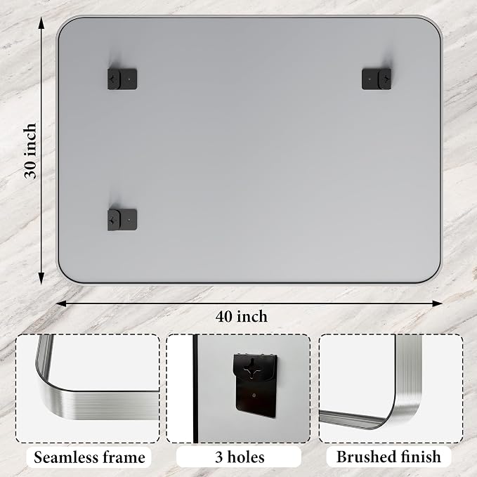 40X30 Inch Silver Metal Framed Bathroom Mirror for Wall,HD Tempered Glass | Matte Large Rounded Rectangle Vanity Mirror Farmhouse,Anti-Rust, Horizontally or Vertically Hanging