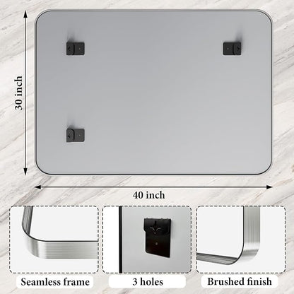 40X30 Inch Silver Metal Framed Bathroom Mirror for Wall,HD Tempered Glass | Matte Large Rounded Rectangle Vanity Mirror Farmhouse,Anti-Rust, Horizontally or Vertically Hanging