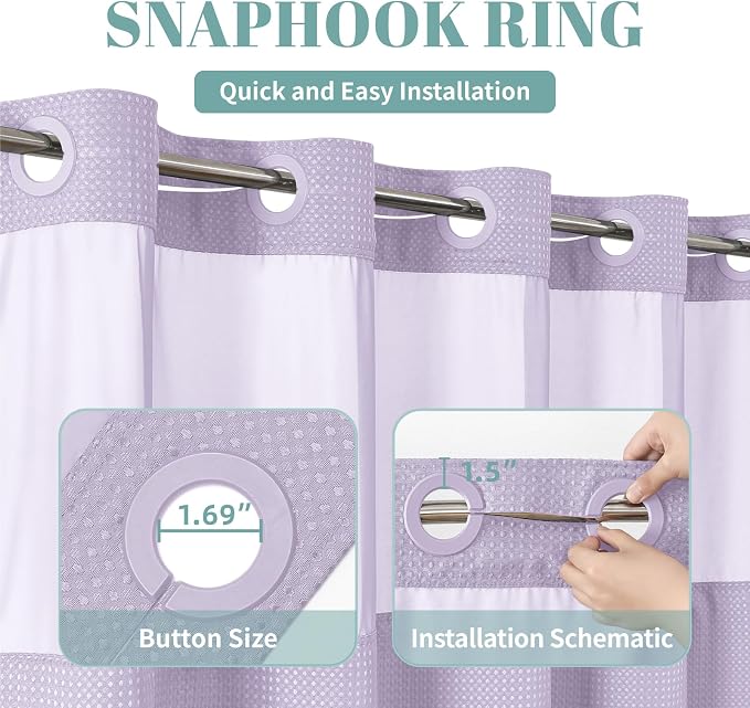 No Hook Waffle Shower Curtain with Snap-in Liner, 71x80 Inch, Lavender | 230 GSM waffle weave fabric, waterproof liner set with 2 bottom magnets, mesh top window, washable, for bathroom or hotel use