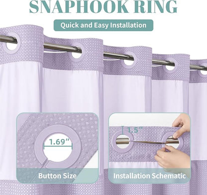 No Hook Waffle Shower Curtain with Snap-in Liner, 71x80 Inch, Lavender | 230 GSM waffle weave fabric, waterproof liner set with 2 bottom magnets, mesh top window, washable, for bathroom or hotel use