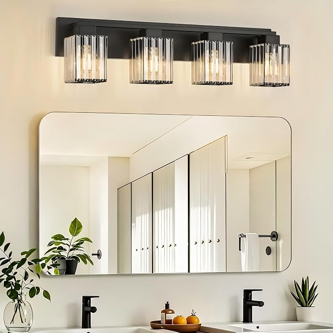 4-Light Black Crystal Vanity Light Bathroom Lighting Fixtures Over Mirror | Wall Sconces with Square Crystal Shades, E26 Socket, Modern Vanity Lights for Bathroom (Bulbs Not Included)
