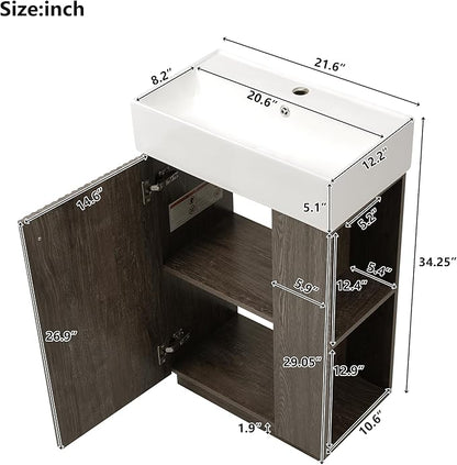 Merax Bathroom Vanity, Undermount Sinks Vanity with Side Storage, Floor Standing Bathroom Storage Cabinet Combo Set, Small Bathroom Sink Vanity, Dark Grey