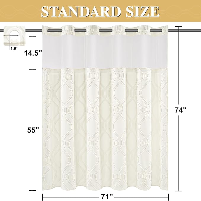 Yinhua No Hook Shower Curtain with Snap in Liner Set, 71" W×74" L, Beige | Hotel Style Curtains with See Through Top Window, Washable Waterproof, Tufted, Hookless Curtain for Bathroom Bathtub