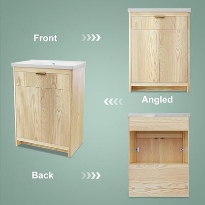 24 Inch Bathroom Vanity with Sink, Bathroom Vanity Cabinet with Single Sink, Bath Vanities with 2 Doors and 1 Flip Drawer, Natural Oak (19" D x 24" W x 36" H)