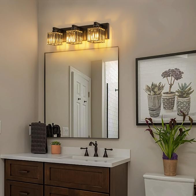 Black Vanity Light, 19.7" Modern Crystal Bathroom Light Fixtures Over Mirror 3-Light Bathroom Vanity Light