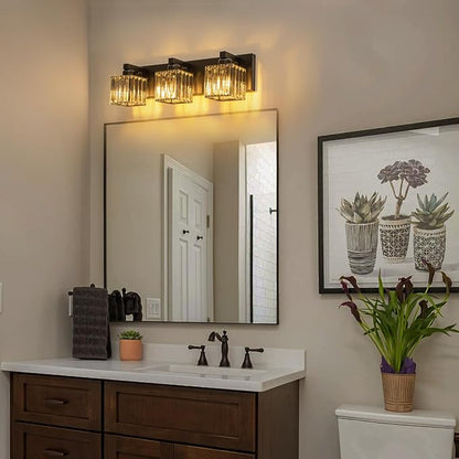 Black Vanity Light, 19.7" Modern Crystal Bathroom Light Fixtures Over Mirror 3-Light Bathroom Vanity Light
