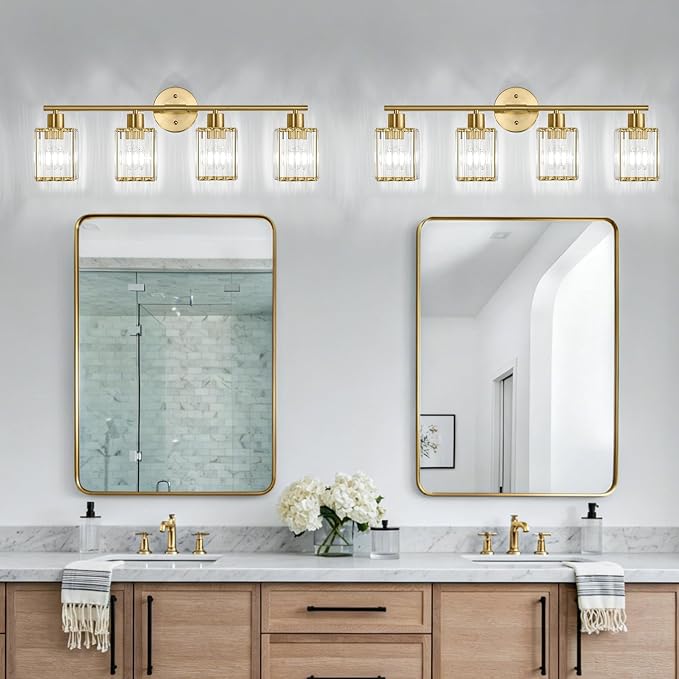 4 Light Bathroom Light Fixtures, Modern Crystal Vanity Lights over Mirror | Metal Frame, Bathroom Light with Square Crystal Shade, ETL Certified, E26 Ceramic Socket, Bulbs Not Included