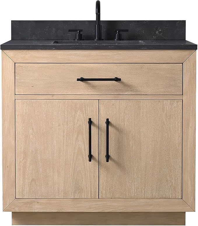 36 Inch Bathroom Vanity with Single Sink & Black Ceramic Top, MDF Material Vanity Cabinet with Basin Combo, Soft-Closing Doors, Removable Shelf, Backsplash
