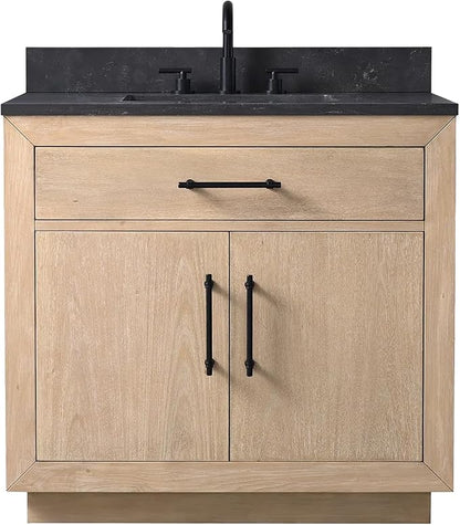 36 Inch Bathroom Vanity with Single Sink & Black Ceramic Top, MDF Material Vanity Cabinet with Basin Combo, Soft-Closing Doors, Removable Shelf, Backsplash