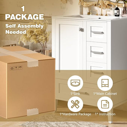 24.8" Bathroom Vanity with Ceramic Sink, Freestanding Bathroom Cabinet with Soft-Close Door, 3 Drawers & Spacious Storage, Solid Wood Frame and MDF, Modern White Vanity for Small Bathrooms
