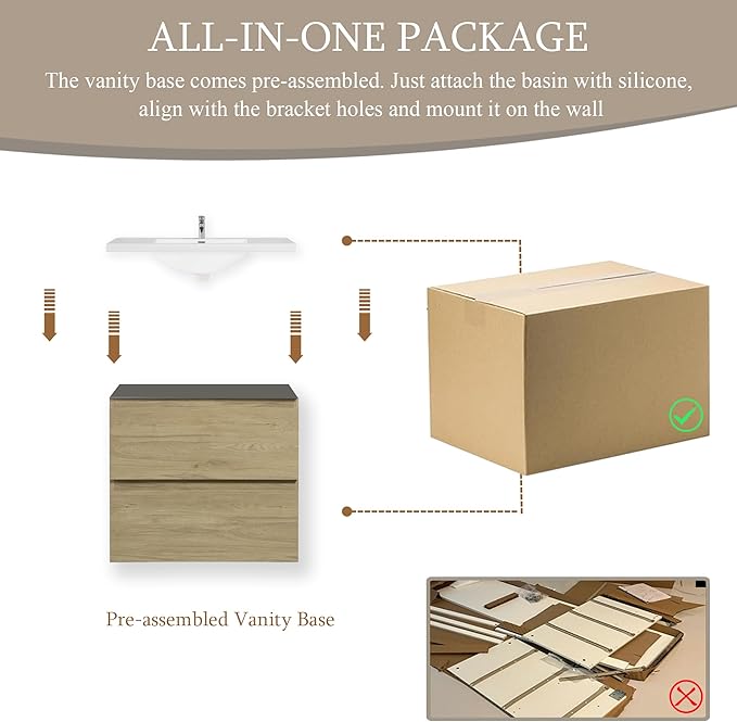 Floating Bathroom Vanity with Sink, 24" Wall-Mounted Bathroom Storage Vanity Cabinet with Resin Top Basin and Soft Close Drawers, No Assembly Required, Natural Oak