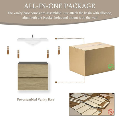 Floating Bathroom Vanity with Sink, 24" Wall-Mounted Bathroom Storage Vanity Cabinet with Resin Top Basin and Soft Close Drawers, No Assembly Required, Natural Oak