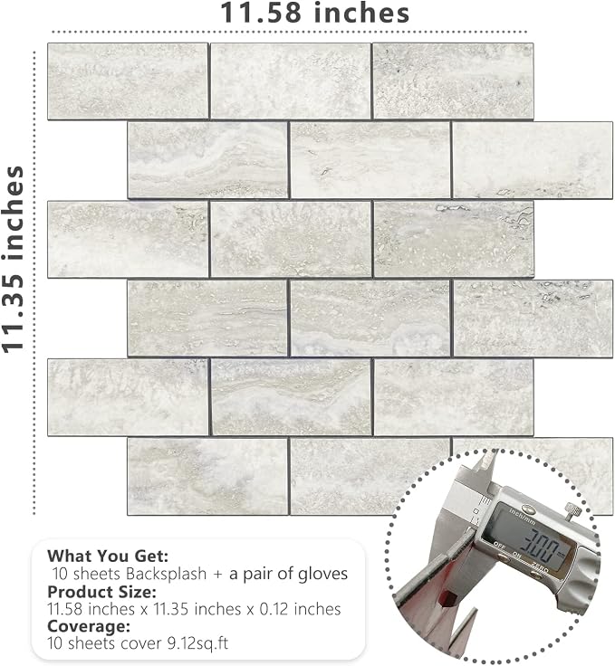 STICKGOO 10-Sheet Peel and Stick Backsplash on Subway Tile, Beige | Stone Texture with Grey Grout, Waterproof, Self Adhesive PVC Wall Tiles for Kitchen, Bathroom, Fireplace