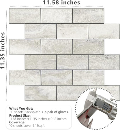 STICKGOO 10-Sheet Peel and Stick Backsplash on Subway Tile, Beige | Stone Texture with Grey Grout, Waterproof, Self Adhesive PVC Wall Tiles for Kitchen, Bathroom, Fireplace