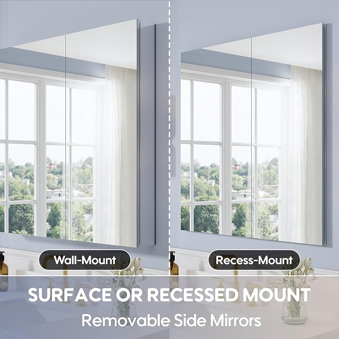 36" x 36" Bathroom Medicine Cabinet with Mirror, Anodized Chrome Aluminum Frame, Surface Mount or Recessed Medicine Cabinet with Mirror, Bathroom Mirror with Storage, Double Doors