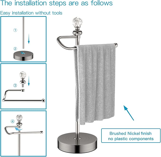 ROLABAM Heavy Weighted Hand Towel Holder (with Crystal Ball) Hand Towel Holder Stand Total Height 16.54'' for Kitchen, Bathroom and Countertops, Classic Metal Fingertip Towel Holder, Brushed Nickel