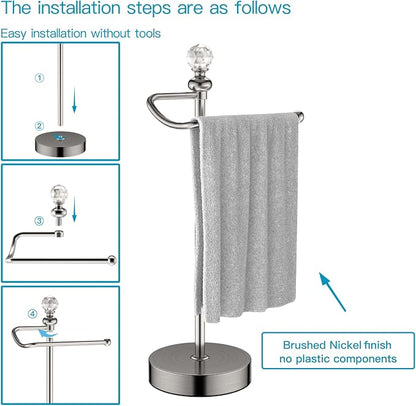 ROLABAM Heavy Weighted Hand Towel Holder (with Crystal Ball) Hand Towel Holder Stand Total Height 16.54'' for Kitchen, Bathroom and Countertops, Classic Metal Fingertip Towel Holder, Brushed Nickel