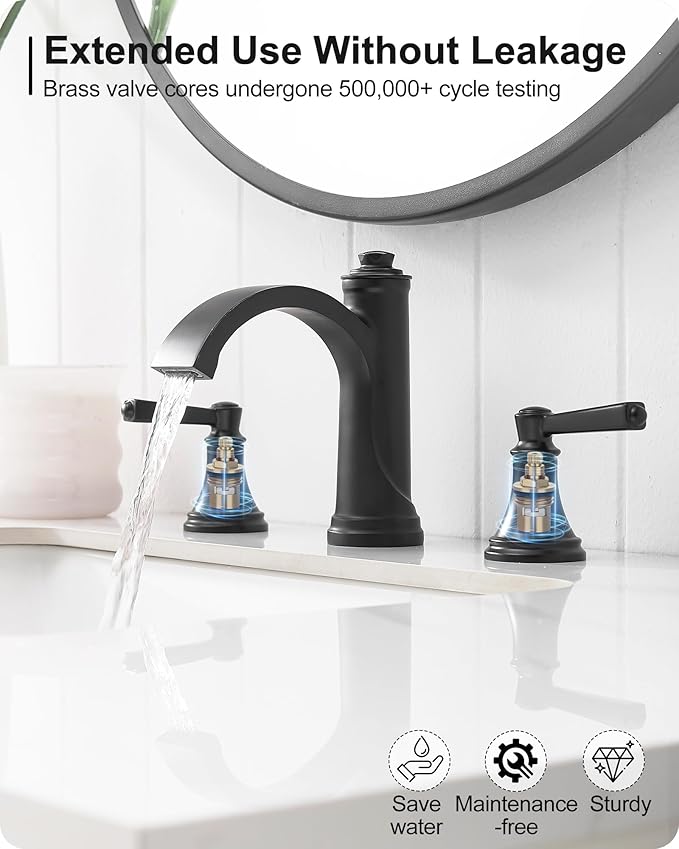 Matte Black Bathroom Faucet 3 Hole, Brass Bathroom Waterfall Faucet, 4-16 Inch Bathroom Sink Faucets, 2 Handle Widespread Faucet for Bathroom Sink with Water Supply Hoses, Pop-Up Drain